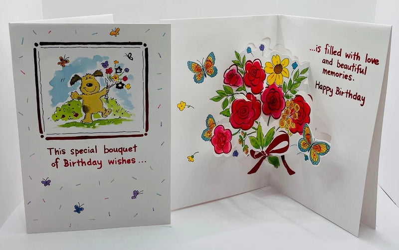 Open 5x7 birthday greeting card with red rose bouquet, butterflies, and Happy Birthday text.