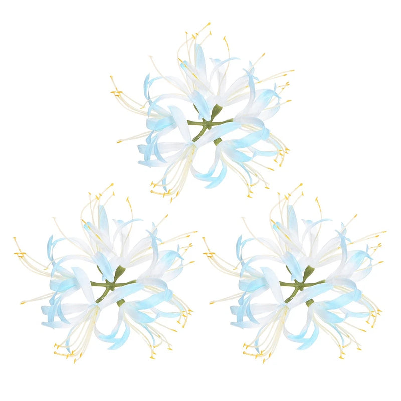 Three light blue artificial spider lily flower heads with white petals and yellow stamens