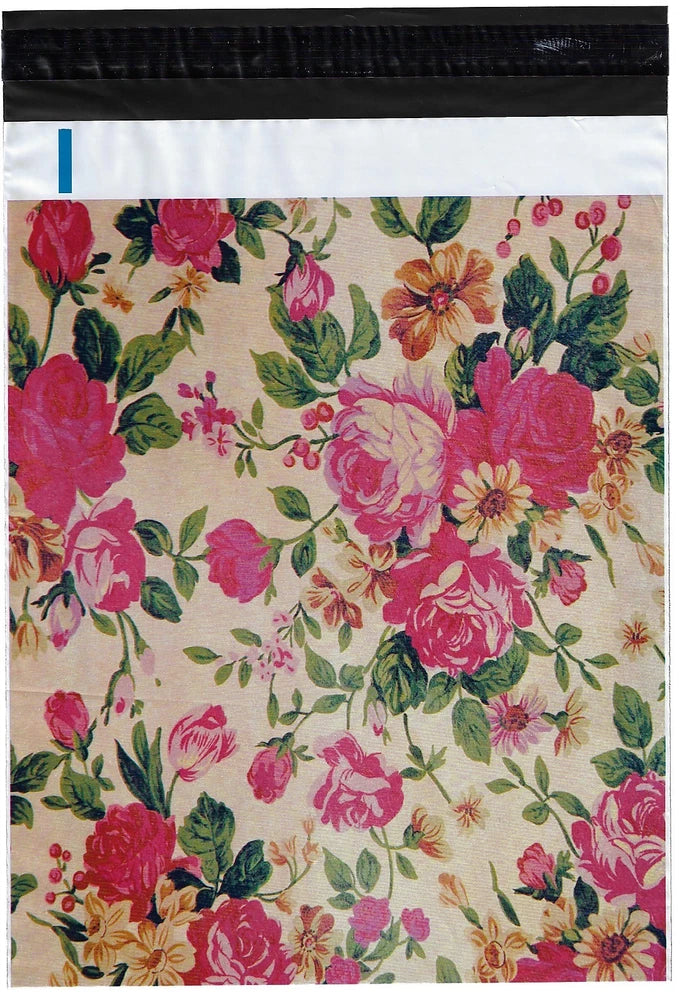 Pink rose floral poly mailer bag with green leaf pattern, glossy envelope style