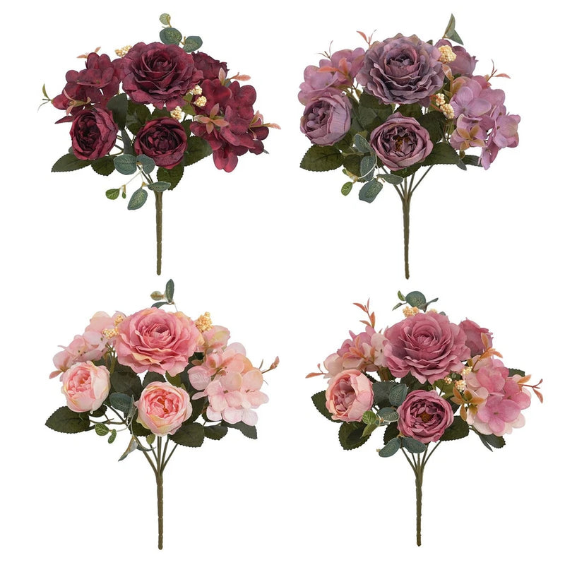 Four artificial peony bouquets with green leaves and stems, pink and burgundy mix