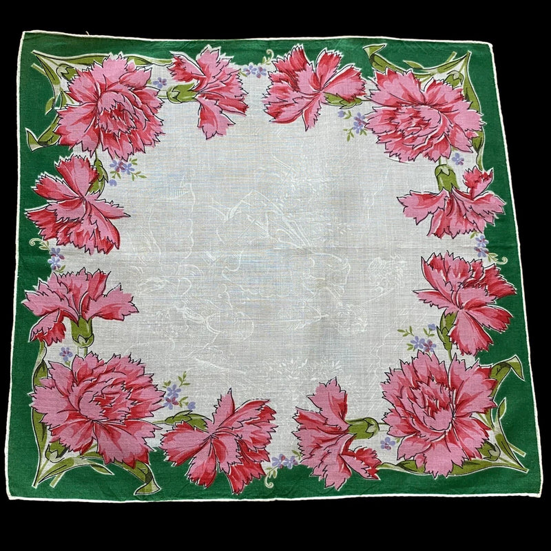 Vintage Hanky Handkerchief Floral Flowers Pink Carnations Hand Rolled Hem Carnation