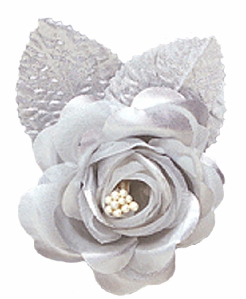 Silk rose corsage with silver layered petals and beaded center