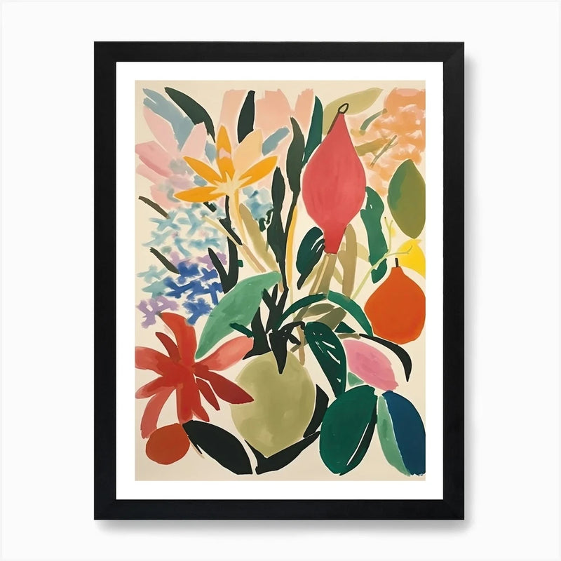 Framed wall art print with multicolor abstract lily and floral illustration.