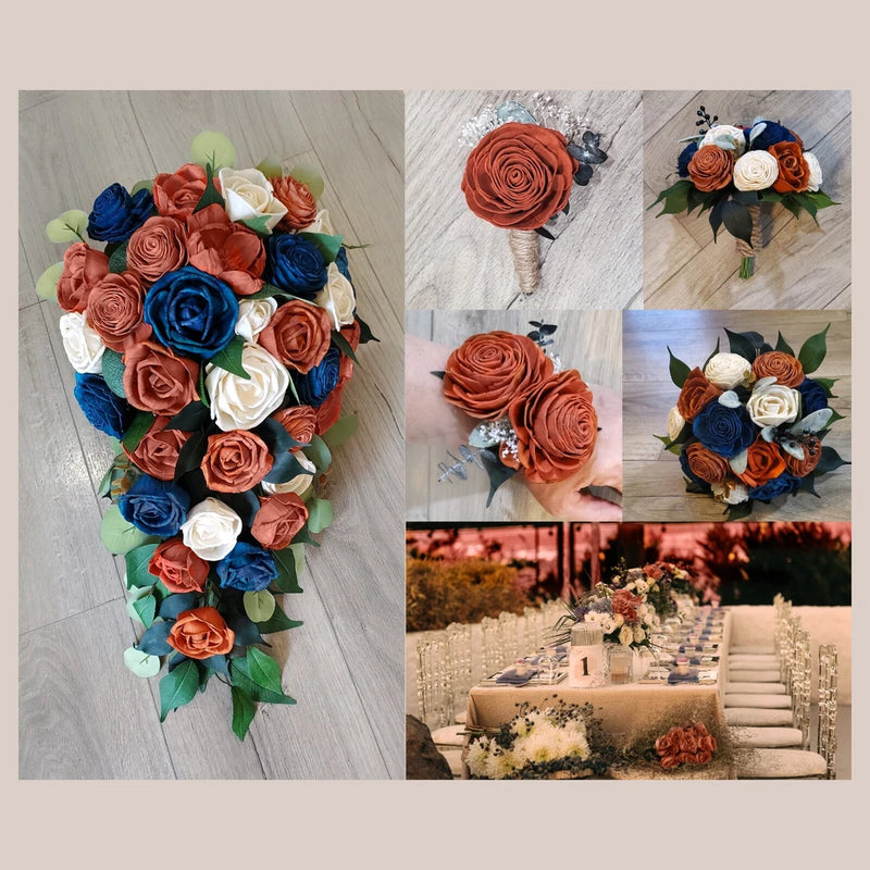 Burnt Orange Navy Bridal Cascade Bouquet Fall Blue Sola Wood Wedding Flowers Bouquet