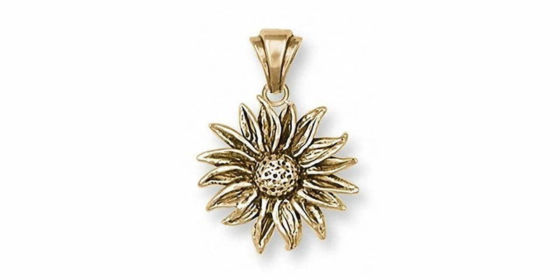 14k gold sunflower flower pendant with textured petals and top bail