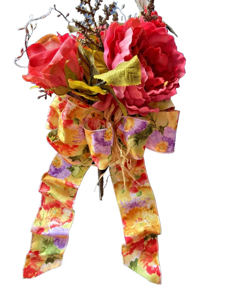 Handmade flower bouquet with coral red yellow purple ribbon bow