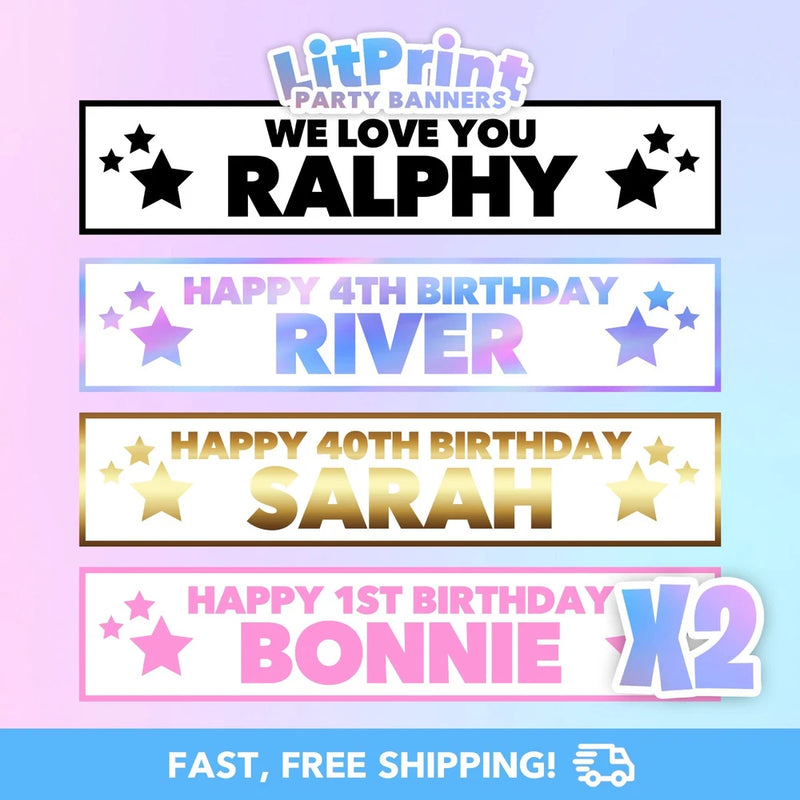 Personalized star party banner set with bold names and Happy Birthday messages
