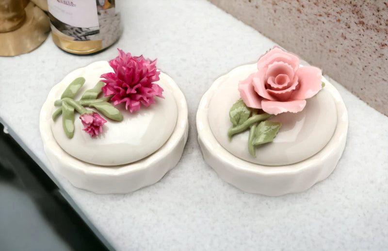 Ceramic flower trinket box set of 2, white lids with pink rose and carnation