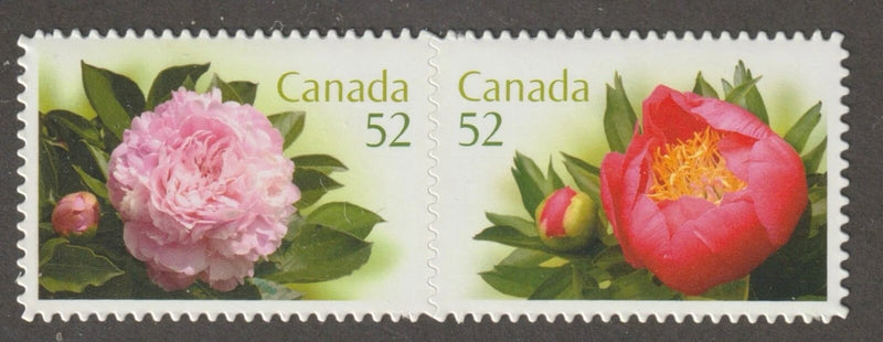 Unused die-cut se-tenant stamp pair: pink peony flowers, Canada 52 labels, two stamps