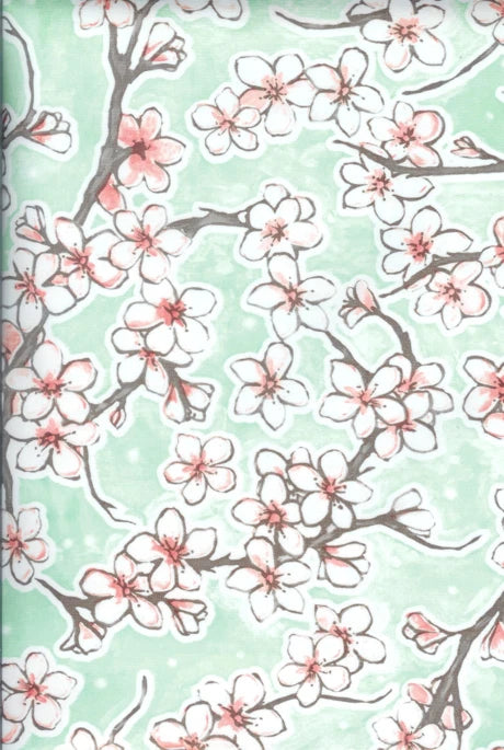 Oilcloth Fabric Cherry Blossom Fuji Seafoam Green Pattern Sold in Yard or Bolt Flowering Plants