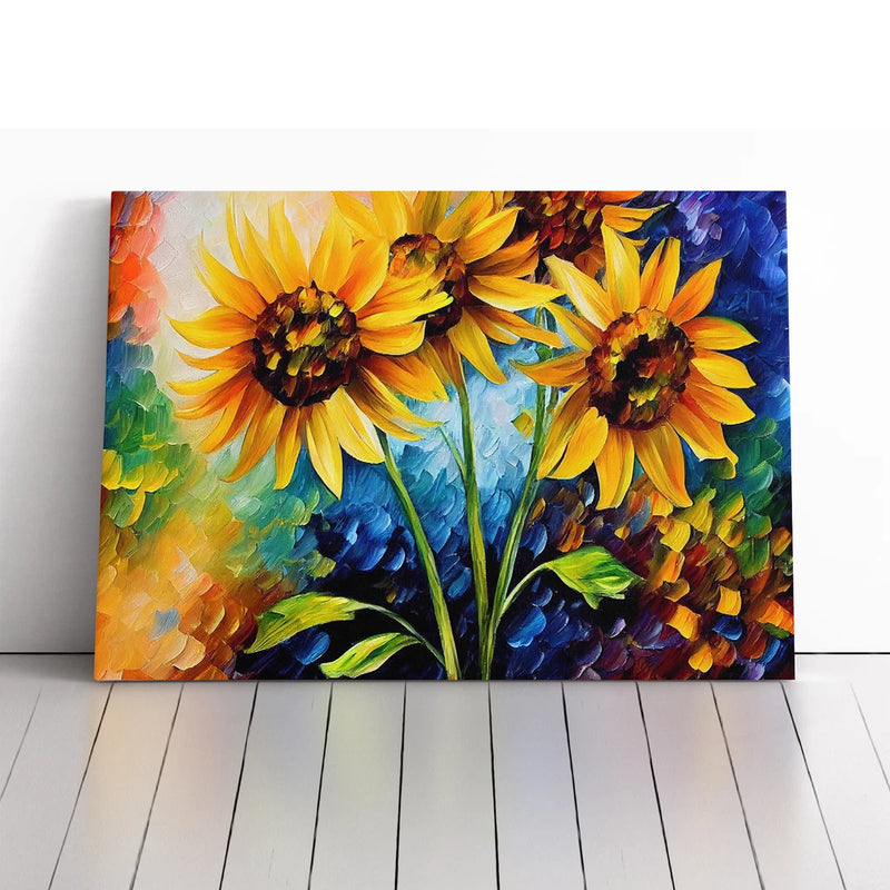 Framed abstract sunflower canvas wall art with large yellow blooms and blue accents