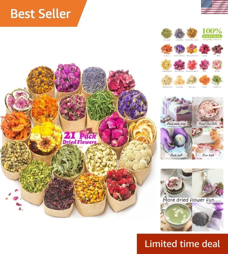 Assorted dried flowers and herbs in small kraft paper cups for DIY crafts and skincare