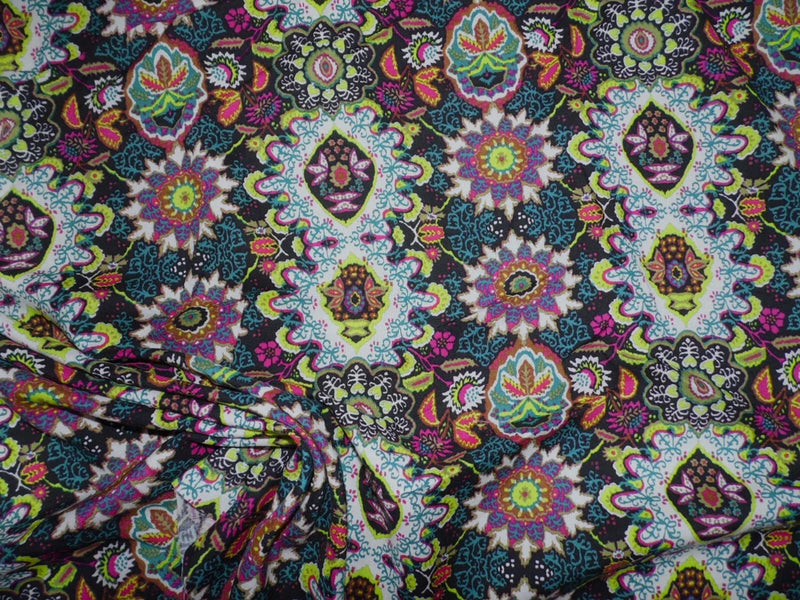 Discount Fabric Challis Rayon Apparel Floral Fuchsia Pink Lime Teal Black E41 Flowering Plants