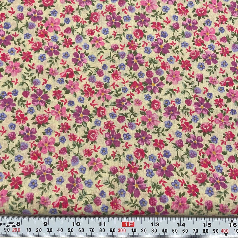Pink & Purple Florals on Cream Unbranded Cotton Blend Fabric by the HALF YARD Flowering Plants
