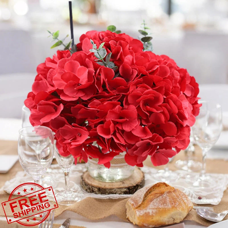 AVIVIHO Red Hydrangea Artificial Flowers Bulk 65pc, Silk with Stems Hydrangea
