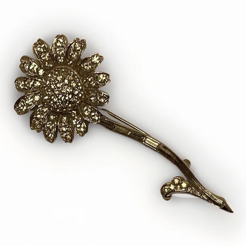 Vintage Sunflower Rhinestone Pin Brooch Silver Tone 2.5Ó Sunflower
