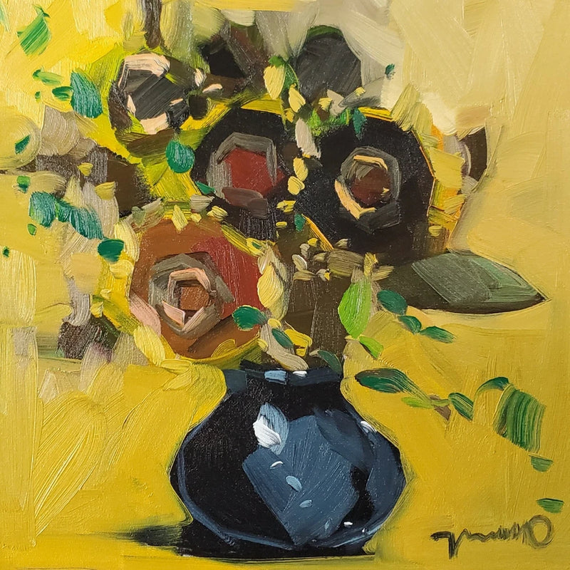 Sunflowers Black Vase PRINT Painting by Artist Jose Trujillo 16x16" Sq Sunflower