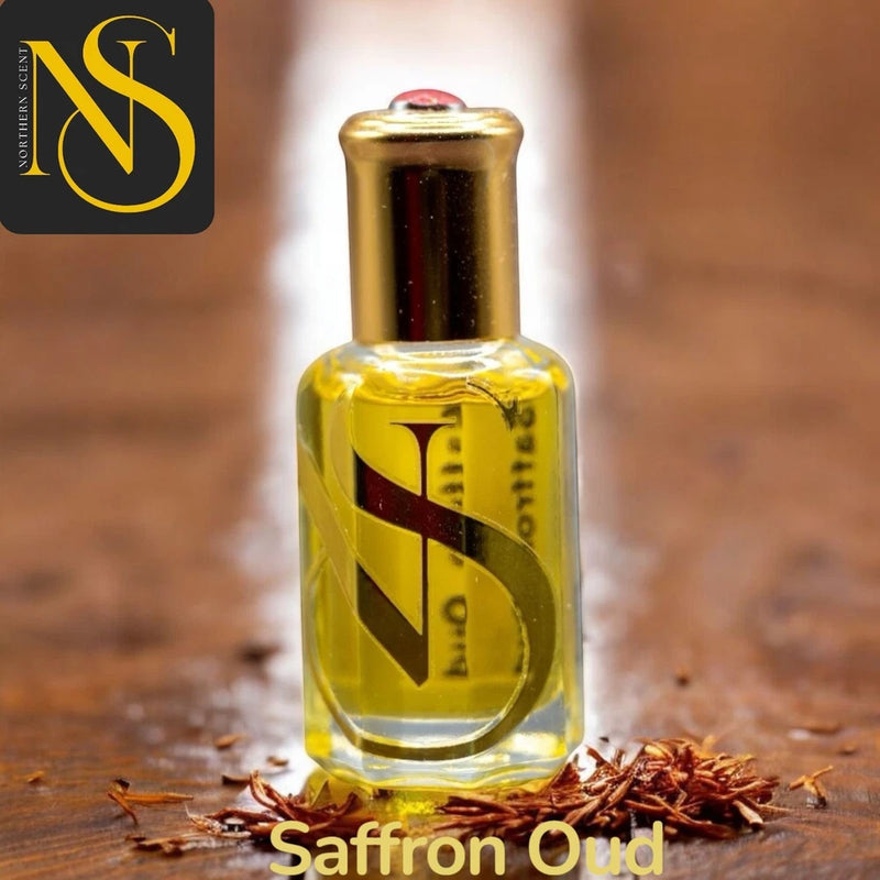 Saffron Oud perfume oil bottle with gold cap and amber glass, shown upright