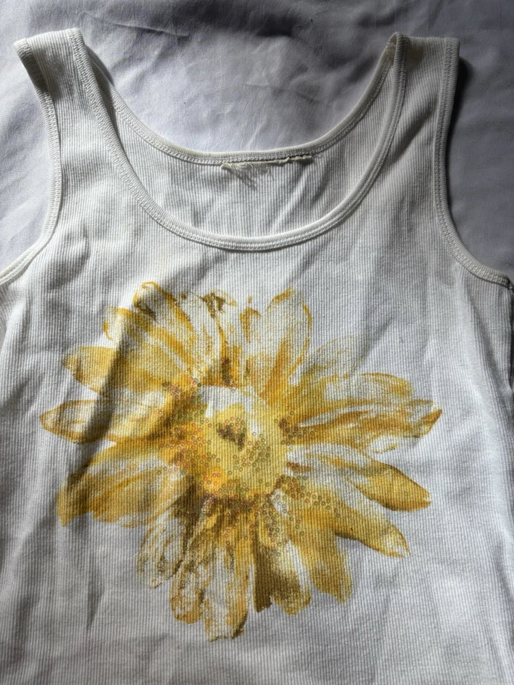 Vintage Flower Tank White/Yellow Size L Sunflower Daisy Top Sunflower