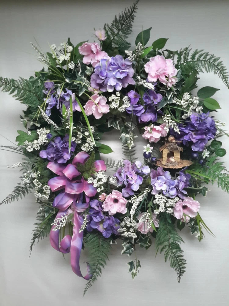 Flower Door Wreath Spring Summer Grarden Decor Woodsy Birdhouse Hydrangea