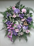 Flower Door Wreath Spring Summer Grarden Decor Woodsy Birdhouse Hydrangea