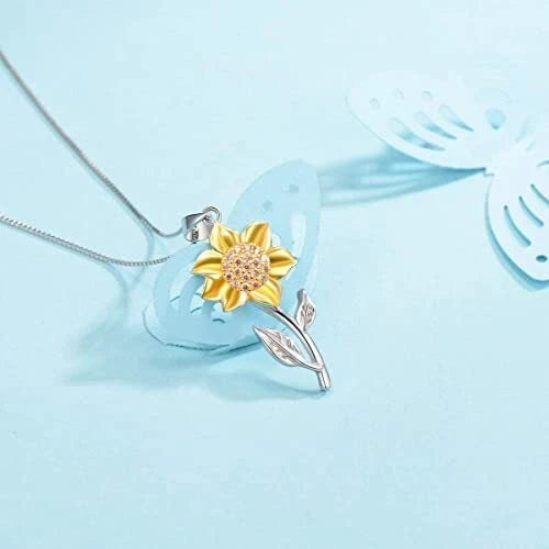 925 Sterling Silver Sunflower Necklace Yellow Gold Plated CZ Flower Pendant Gift Sunflower