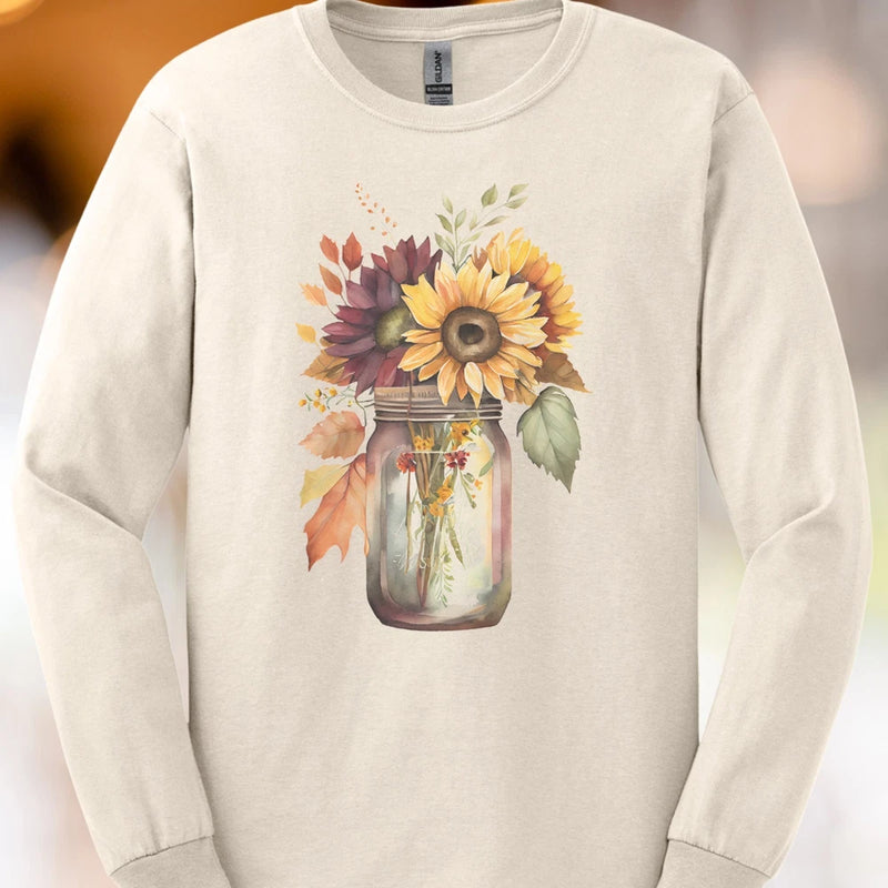 Cream long-sleeve T-shirt with watercolor fall flowers in mason jar graphic