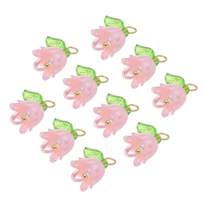 Acrylic flower charm set: 10 pink lily-of-the-valley charms with green leaves, gold rings