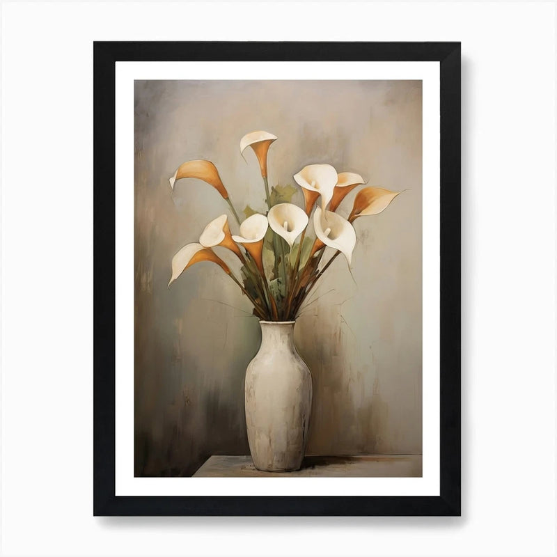 Framed calla lily wall art with bouquet in a white vase