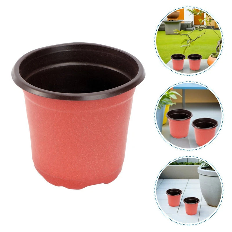 Red plastic nursery planter pot with wide rim