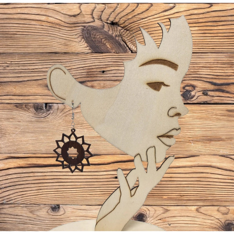 Laser-cut wooden mandala hook earrings with sunflower design, light tan silhouette