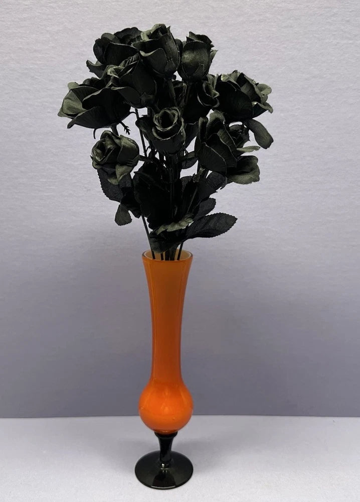 Vintage Cased  Art Glass Bud Vase Orange w/ Black Rose/Carnation Bouquet  8.5Ó Carnation