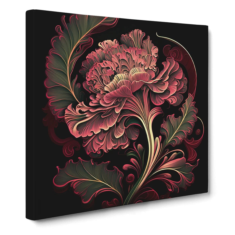 Framed canvas wall art with red-pink carnation floral illustration on dark background