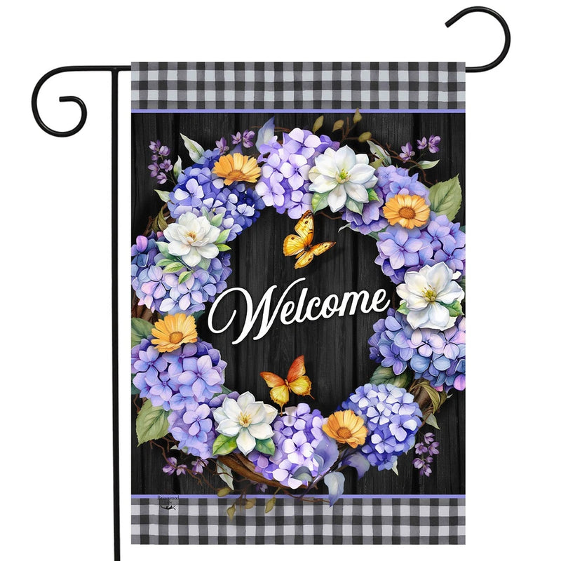 Hydrangea garden flag: purple floral wreath with 'Welcome' and butterflies
