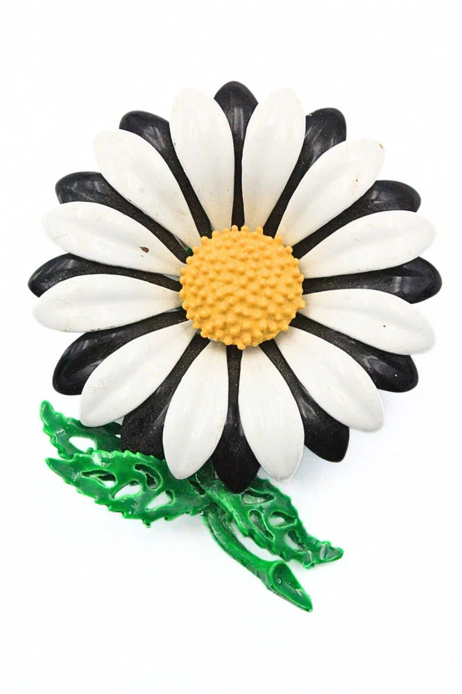 Lovely Vintage Black White Yellow Sunflower Enamel Textured Pin Brooch Sunflower