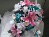 LARGE SILK  BOUQUET WHITE CALA LILY TEAL & PINK LILIES  CASCADE ,BOUT & TOSS Bouquet