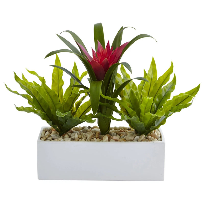 Nearly Natural Bromeliad And Birdsnest In Rectangular Planter Artificial Decor Green Plant