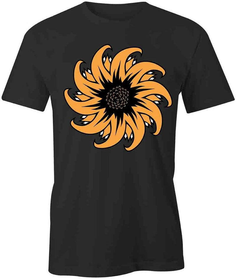 Black short-sleeve cotton T-shirt with large orange sunflower graphic front