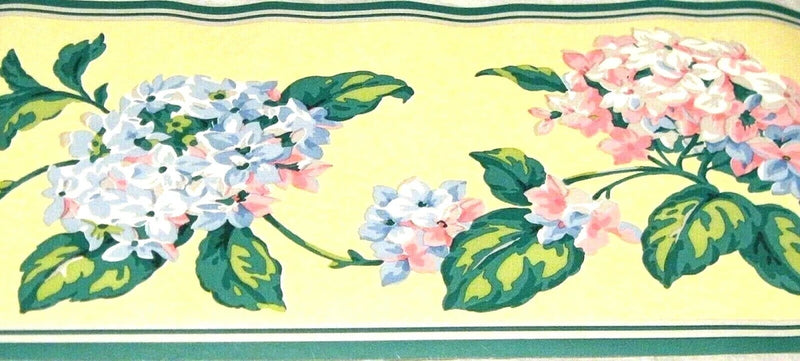 Blue Pink Hydrangea Flower YELLOW  Wallpaper Border 554104 Green Trim NEW Hydrangea