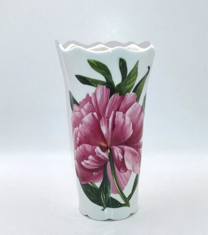 White ceramic Chelsea vase with pink floral peony print and green leaves, scalloped rim.