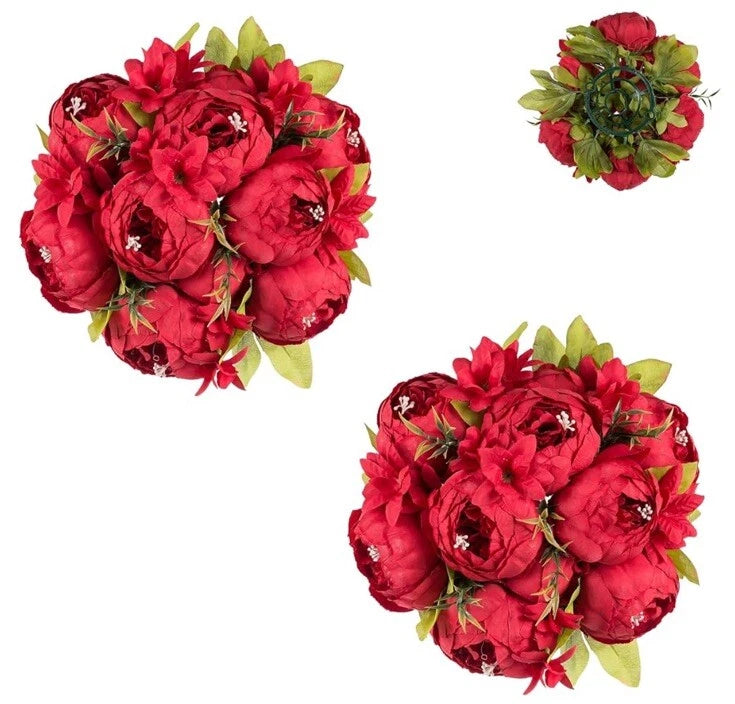 Red artificial peony flower ball centerpieces, 2-pack with green leaves