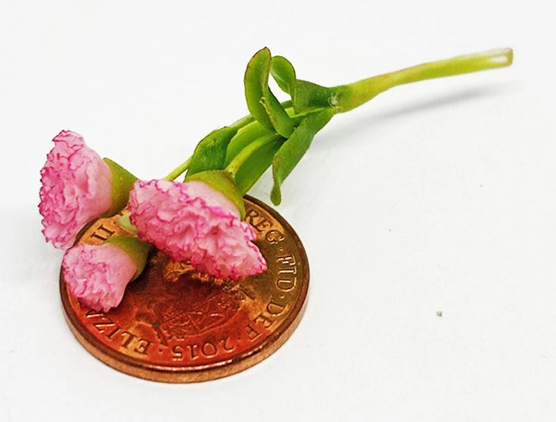 1:12 scale dollhouse carnation flower bunch, 3 pink blooms with green stems