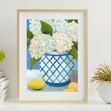 Farmhouse Style Hydrangea Painting White & Blue Vase Floral Decor Fashion Art Hydrangea
