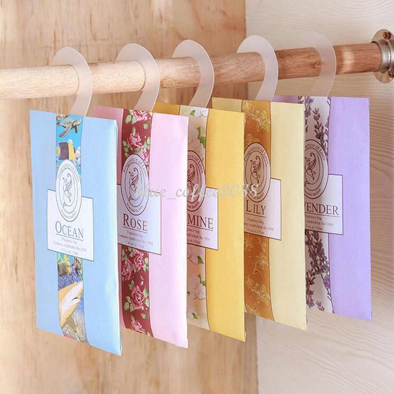 Hanging air freshener sachet bags with assorted floral designs in blue, pink, yellow, purple