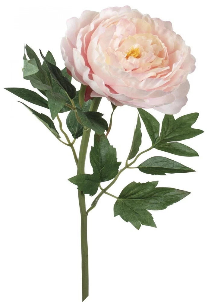 Artificial pink peony flower on green garden stem with layered petals and leaves