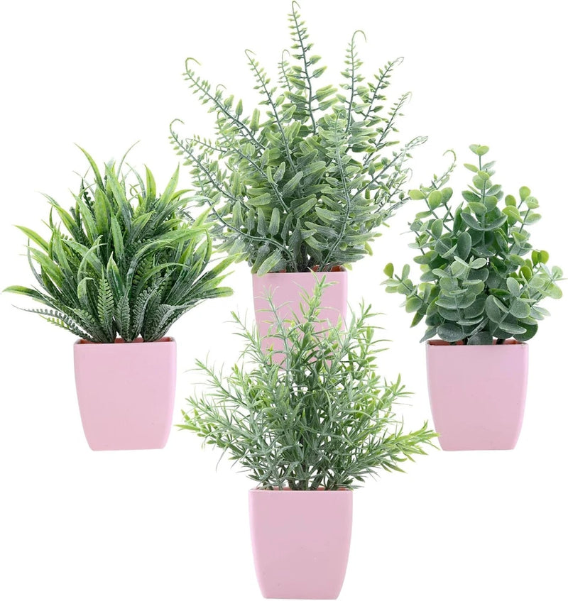 summer flower 4 Pack Small Fake Plants in Pink Pot Artificial Plant Pink-4 Green Plant