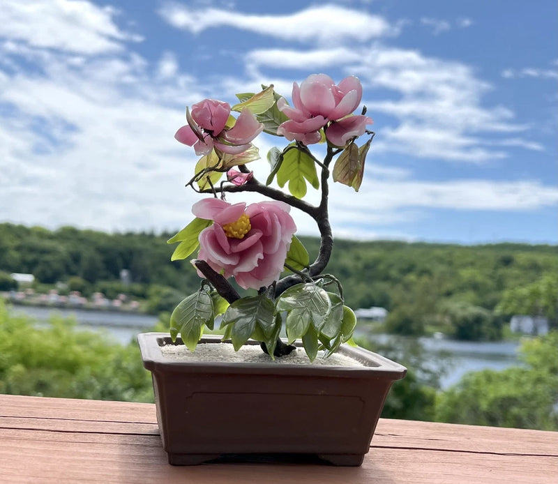 Vintage 8Ó Shohin Bonsai Glass Peony Tokoname Artist Signed Terra Cotta Pot Peony