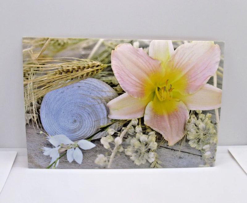 Floral postcard featuring a pink lily flower with wheat stalks and small white blooms