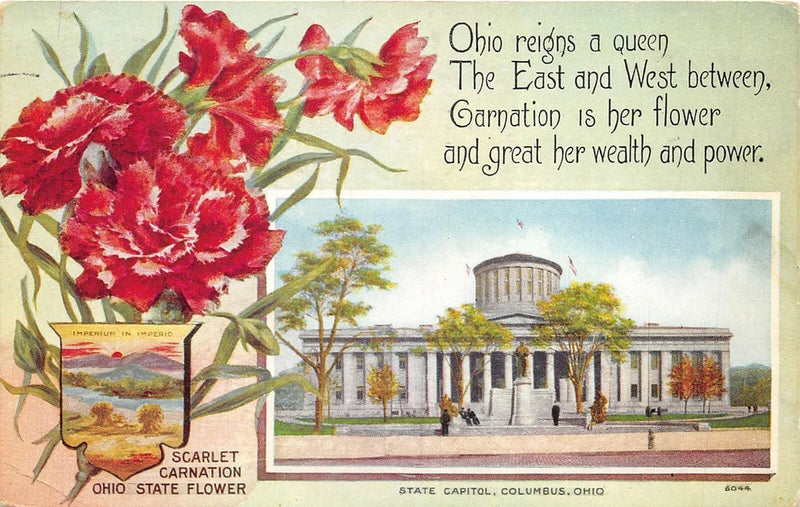 Vintage Columbus, Ohio state capitol postcard with red carnation flowers