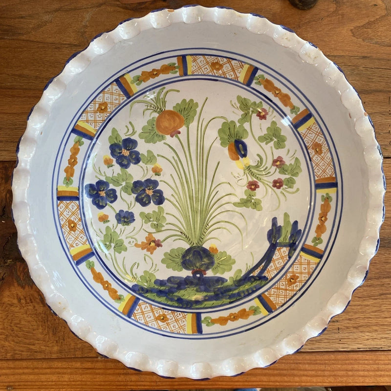 Earthenware serving bowl with scalloped rim, white with blue floral pattern